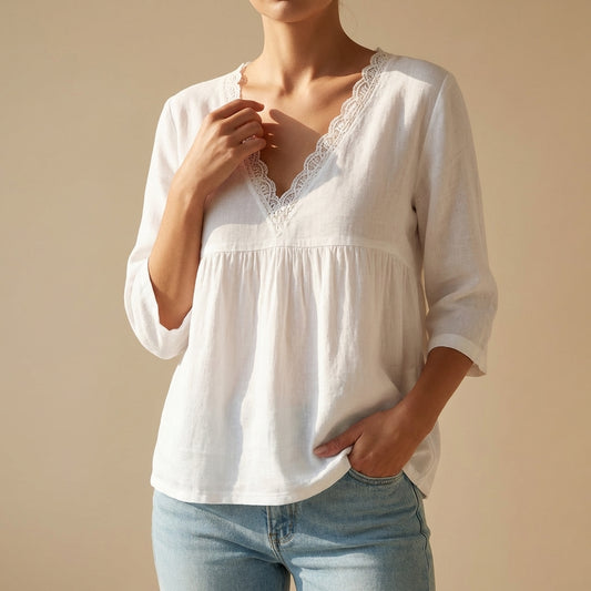Lace-Trim V-Neck Pullover Top with Empire Waist and Flared Hem