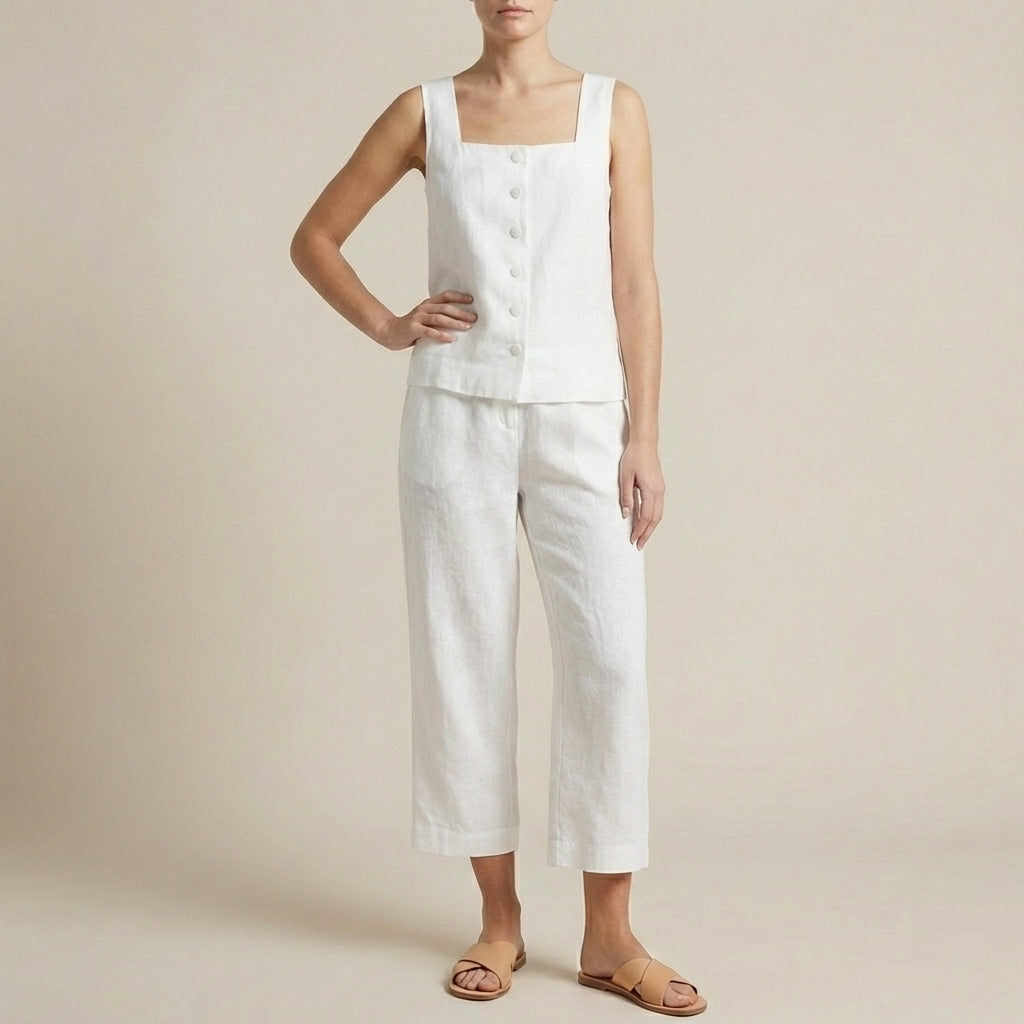 Structured Two-Piece Set with Square Neck Top and Wide-Leg Capris