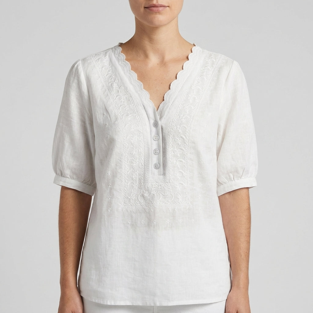 Chloe Relaxed V-Neck Blouse with Embroidered Yoke and Scalloped Detail