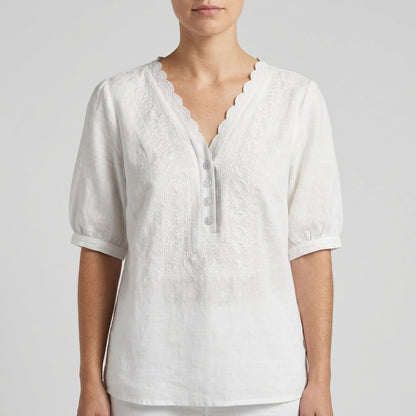Chloe Relaxed V-Neck Blouse with Embroidered Yoke and Scalloped Detail