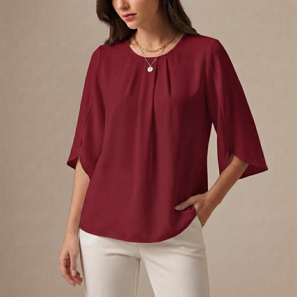 Elegant Loose Blouse with Pleated Neckline and Draped Sleeves