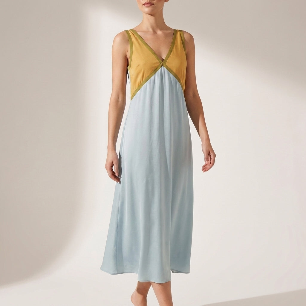 Elevated Color-Blocked Maxi Dress with Deep V-Neck and Draped Silhouette