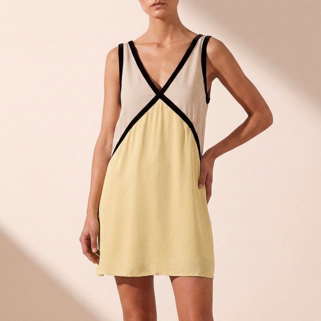 Sabrina Sleeveless A-Line Mini Dress with Geometric Chevron Detail