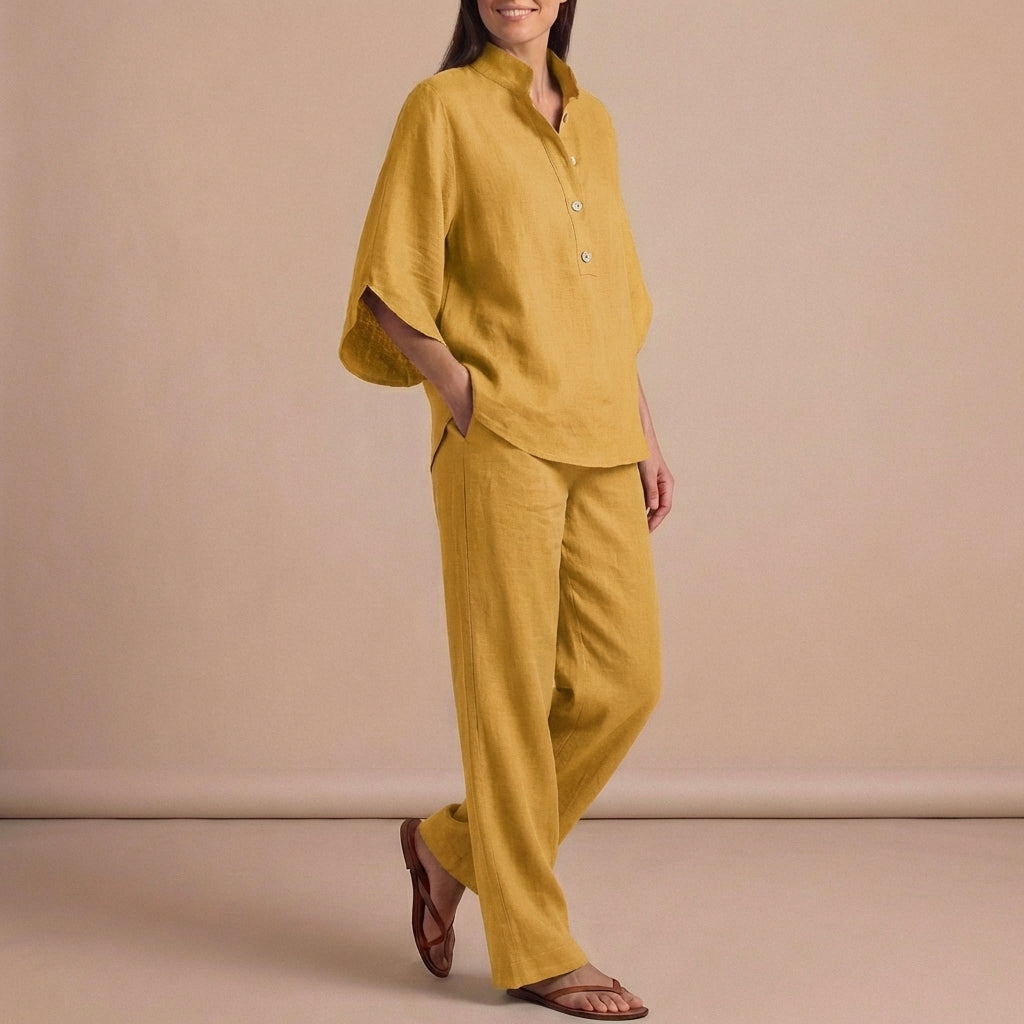 Woven Two-Piece Relaxed Shirt and Wide-Leg Trouser Set for Urban Leisure