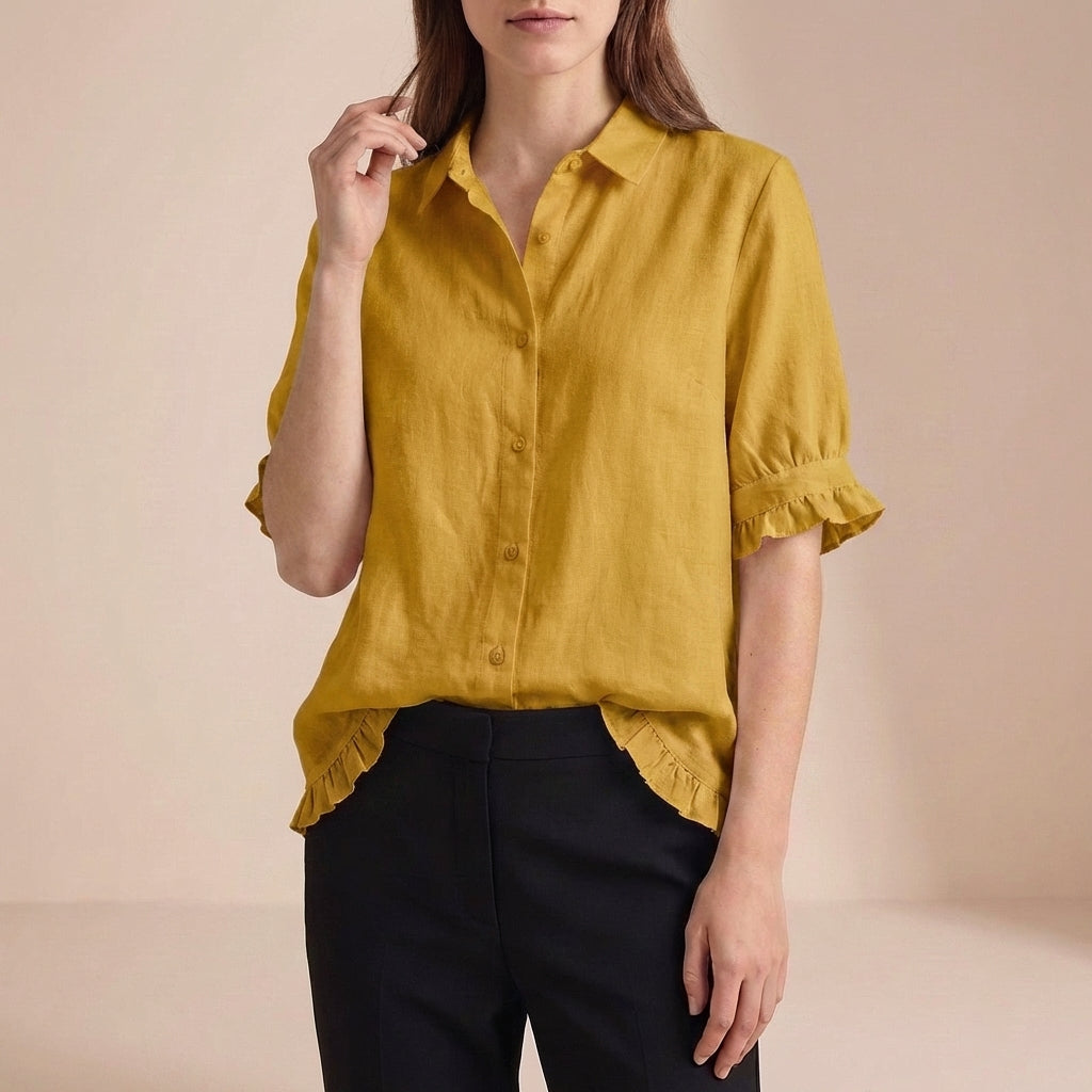 Relaxed Boxy Button-Front Blouse with Ruffled Cuffs and Hemline
